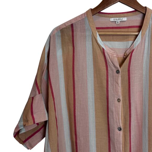 Z SUPPLY Oversized Button Front Top Womens L Orange Stripes Multi Coastal Boho - Picture 3 of 13